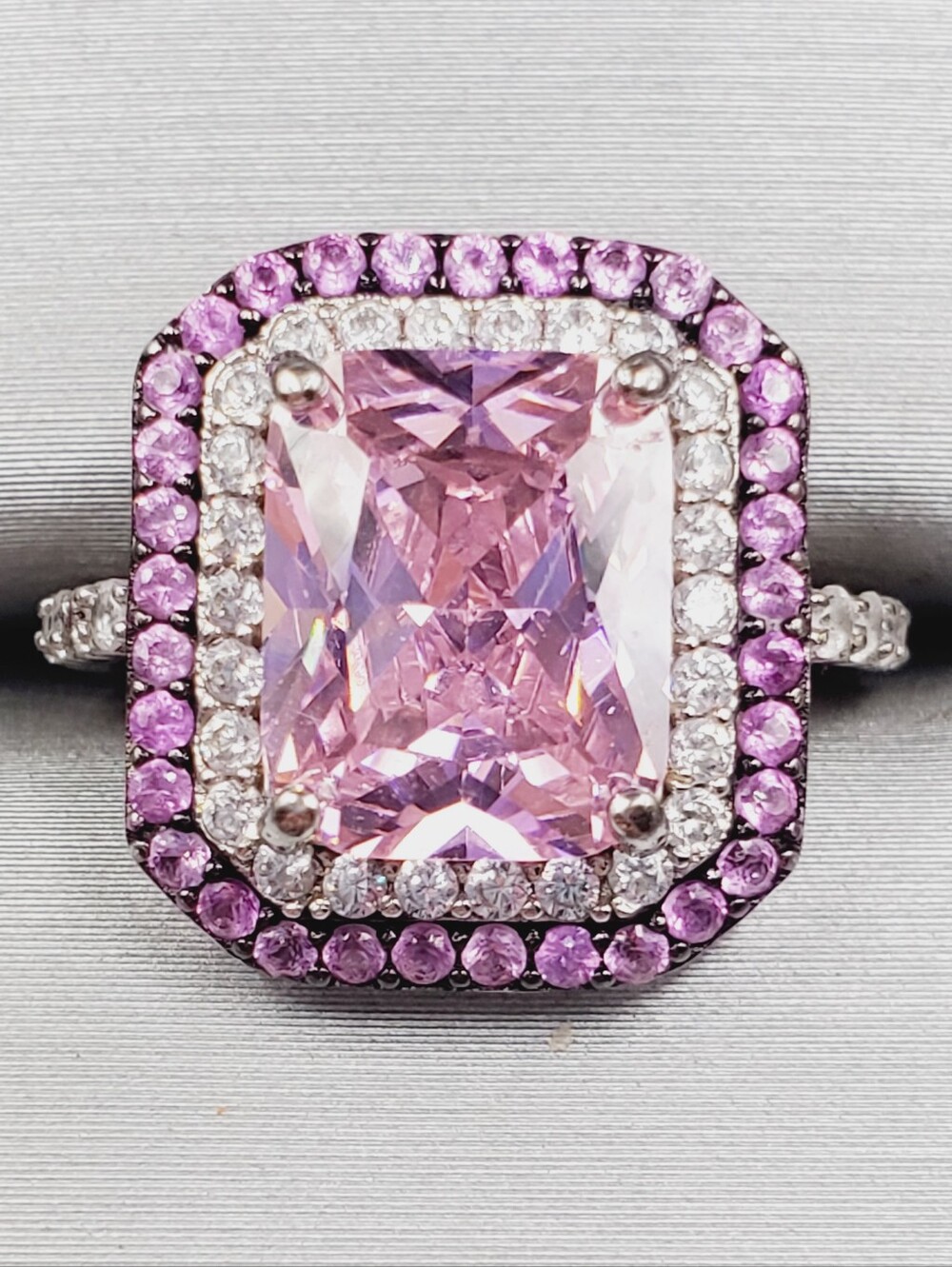 Radiant Pink Ice Double Halo Ring - Black Rhodium - 925 Sterling Silver